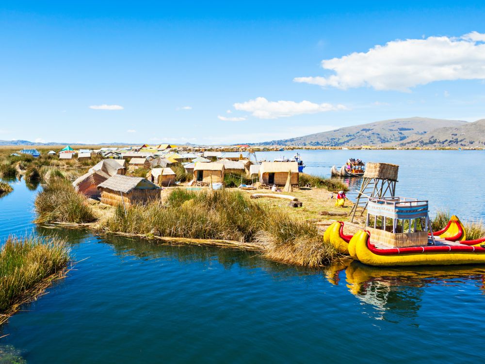 Uros floating island near Puno city, Peru