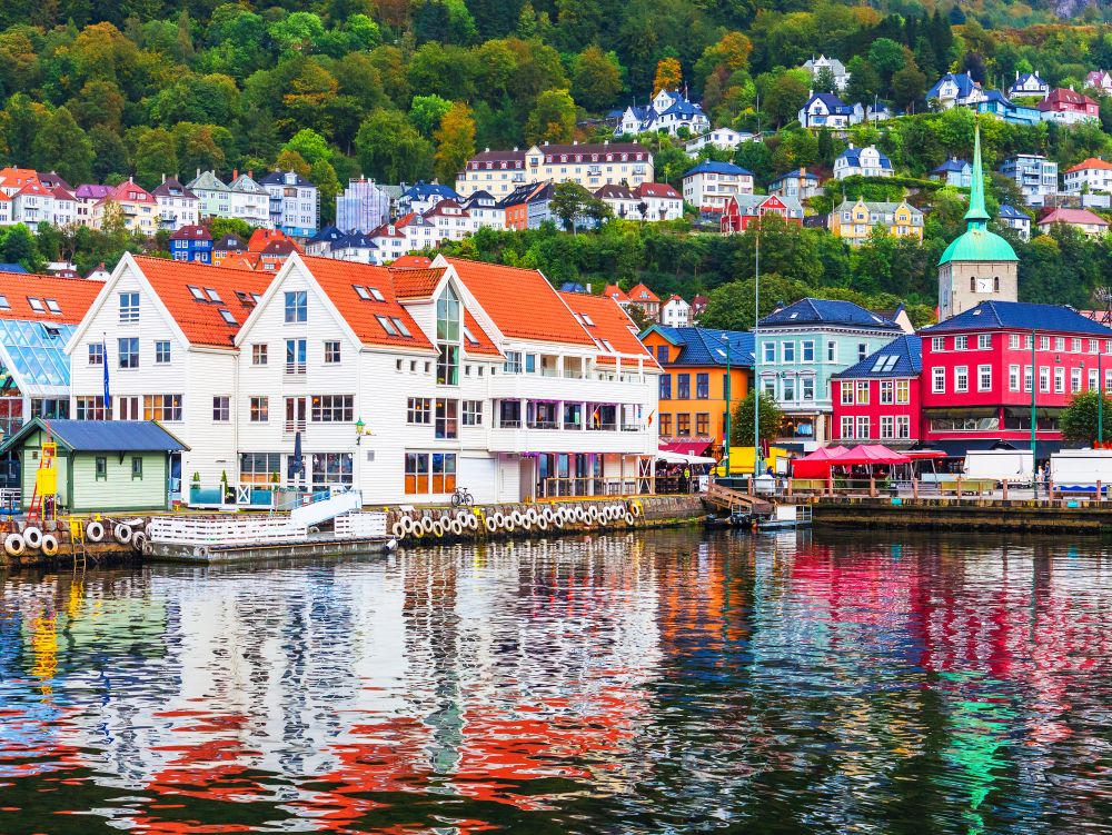Scenic summer panorama of the Old Town pier architecture of Bryggen in Bergen, Norway