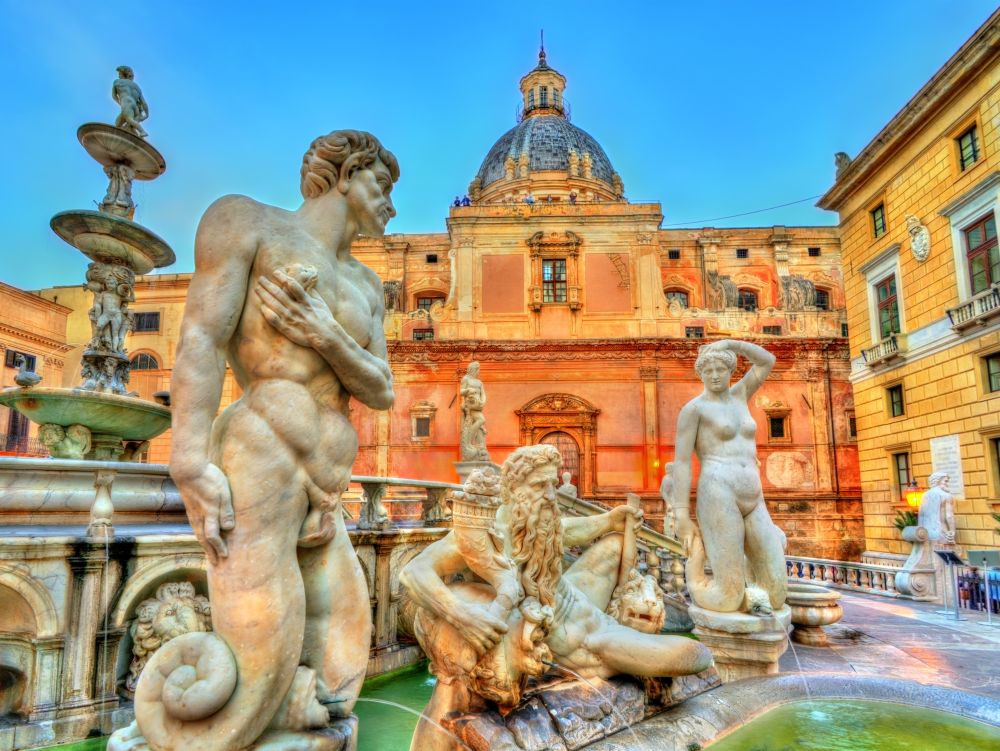 Fontana Pretorian with nude statues in Palermo, Italy