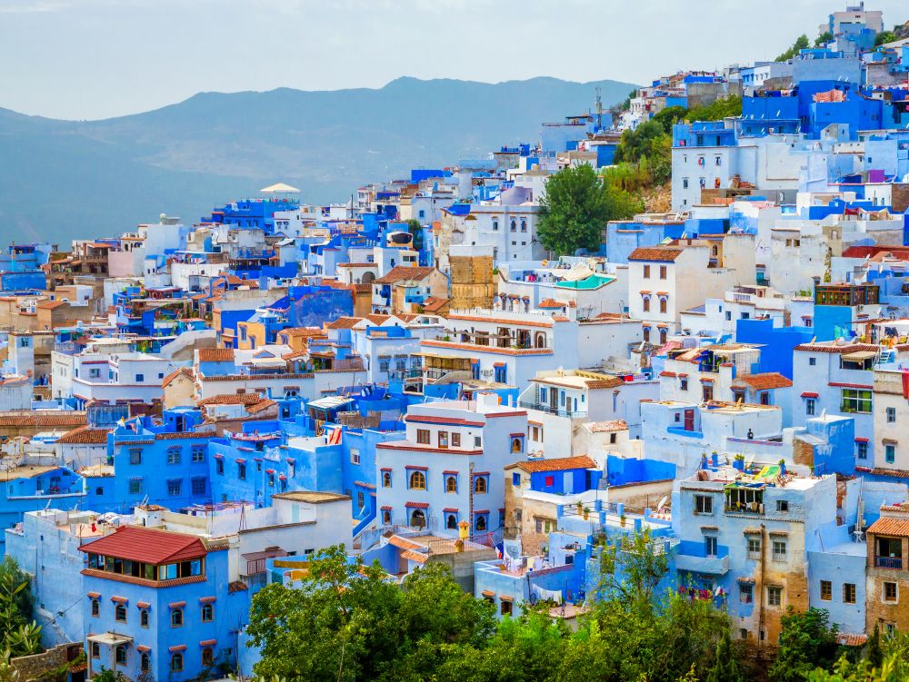 Aerial view of blue medina of city Chefchaouen, Morocco, Africa