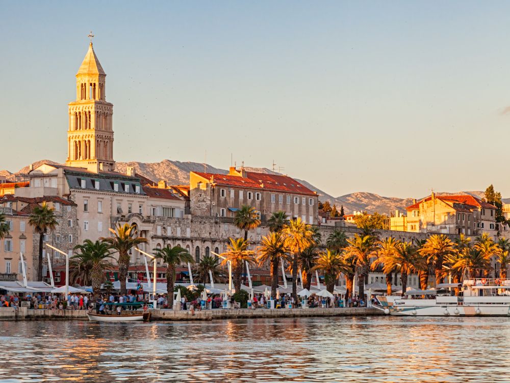 Split old town from the sea at sunset, Croatia