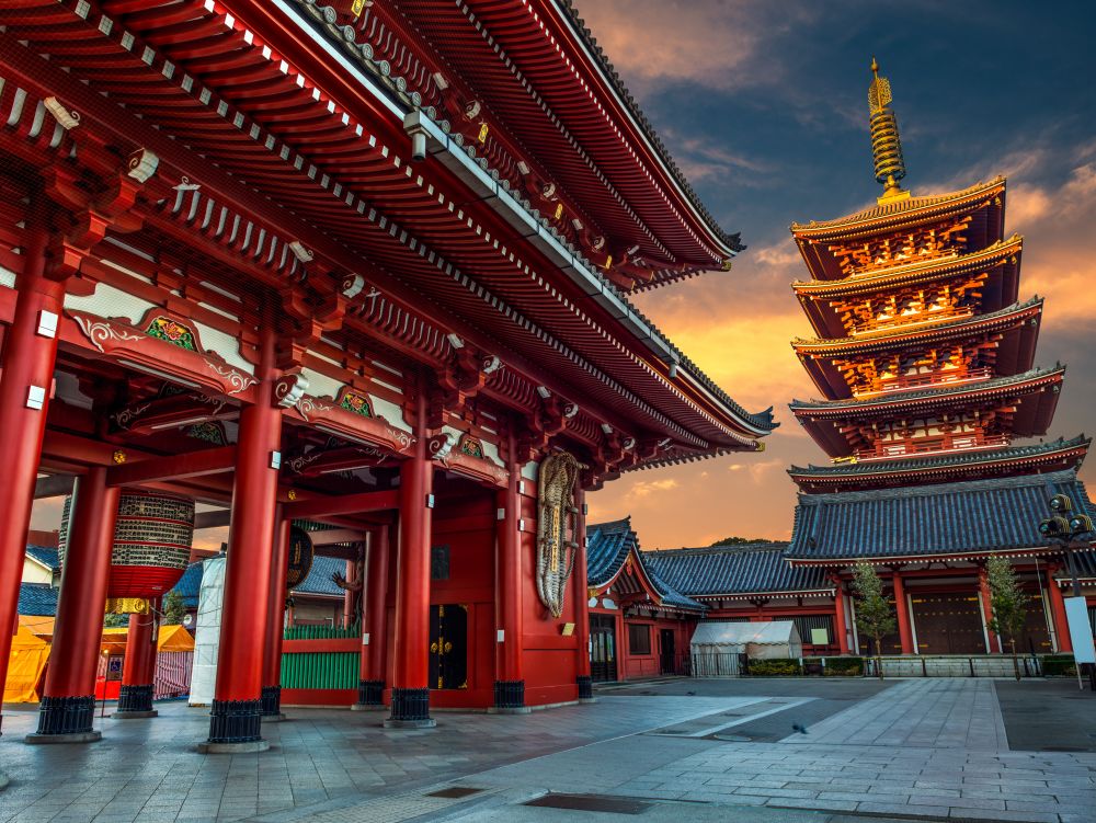 Sensoji Temple at dawn of the New Year. Sensoji Temple is the oldest temple in Tokyo, and one of its most famous landmarks.