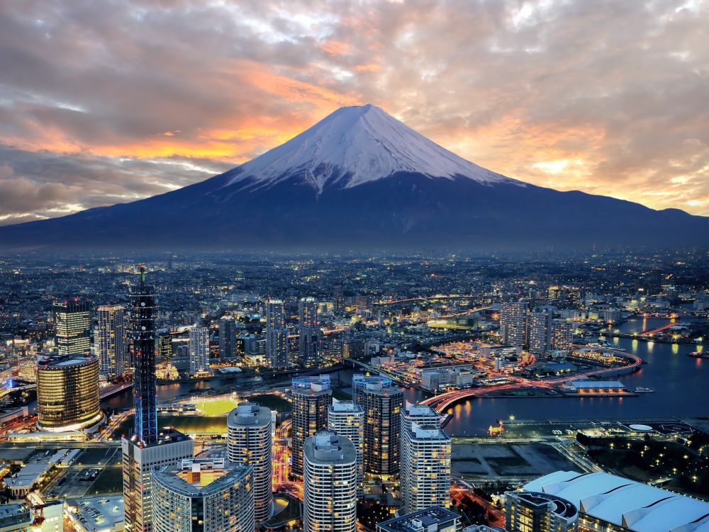 surreal view of Yokohama and Mt. Fuji