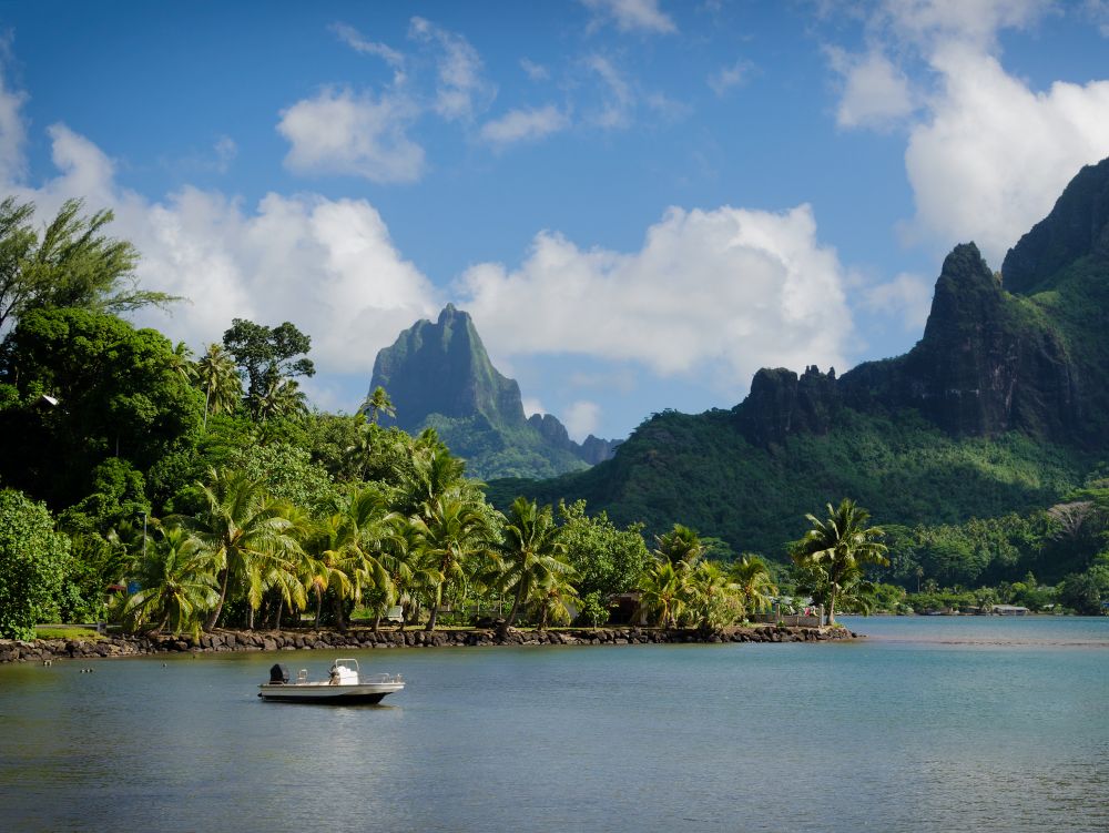 Cooks Bay with Moua Puta mountain in the background in a green jungle landscape on the tropical island of Moorea, near Tahiti in the Pacific archipelago French Polynesia.