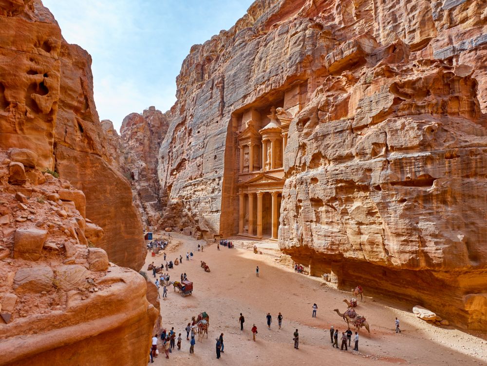 The temple-mausoleum of Al Khazneh in the ancient city of Petra in Jordan