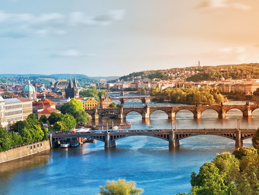 Prague Bridges in the Summer on the Sunset. Czech Republic.