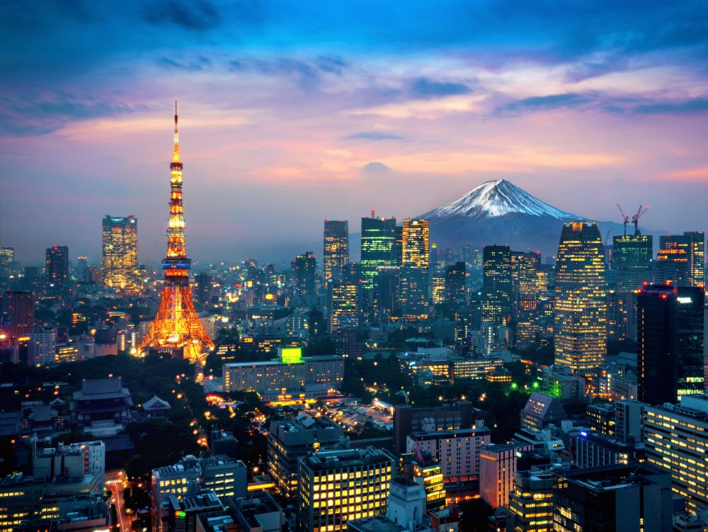 Aerial view of Tokyo cityscape with Fuji mountain in Japan.