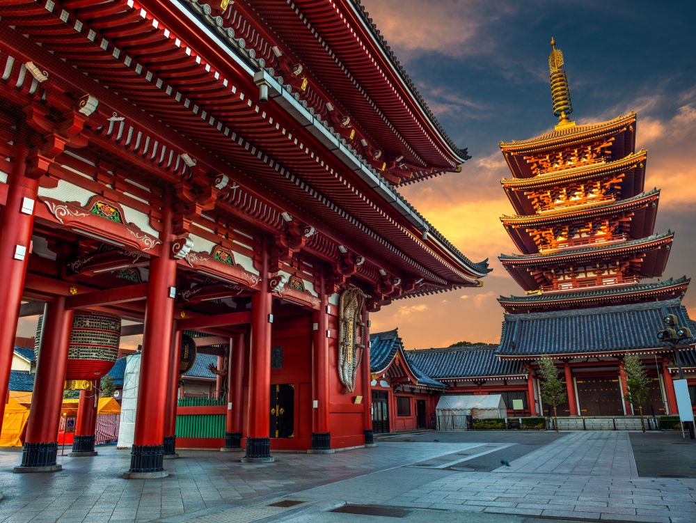 Sensoji Temple at dawn of the New Year. Sensoji Temple is the oldest temple in Tokyo, and one of its most famous landmarks.