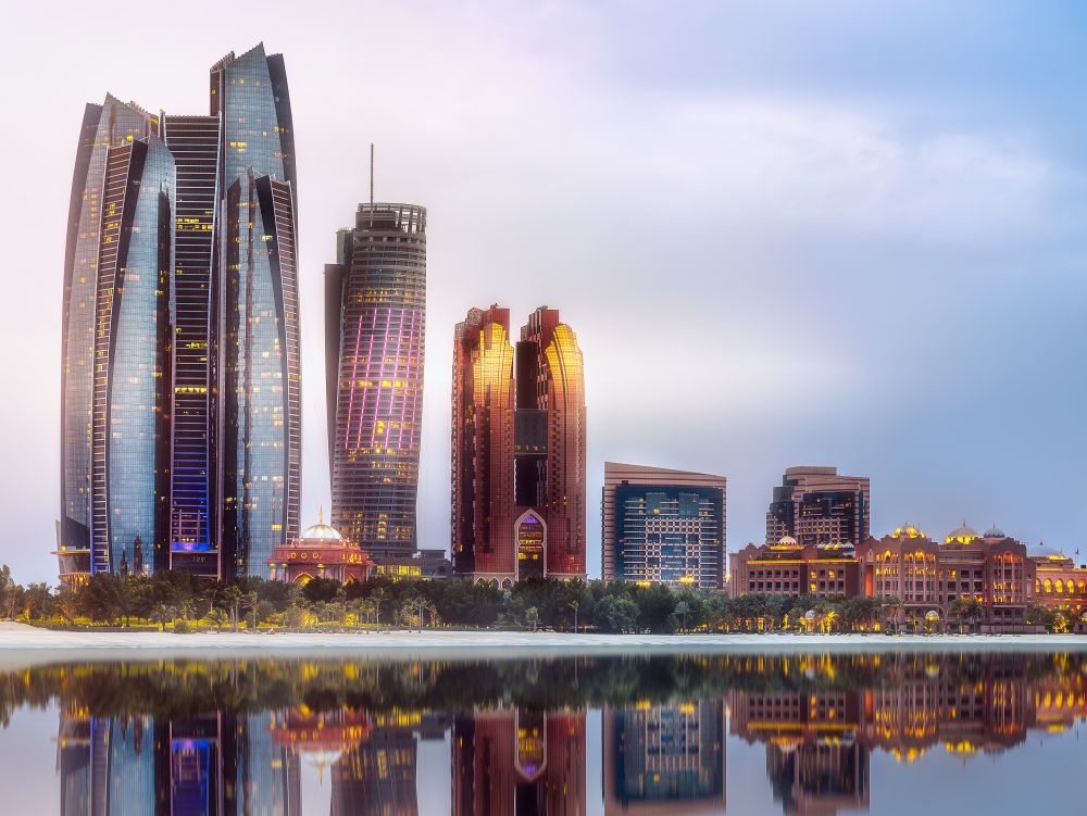 View of Abu Dhabi Skyline at sunrise, UAE