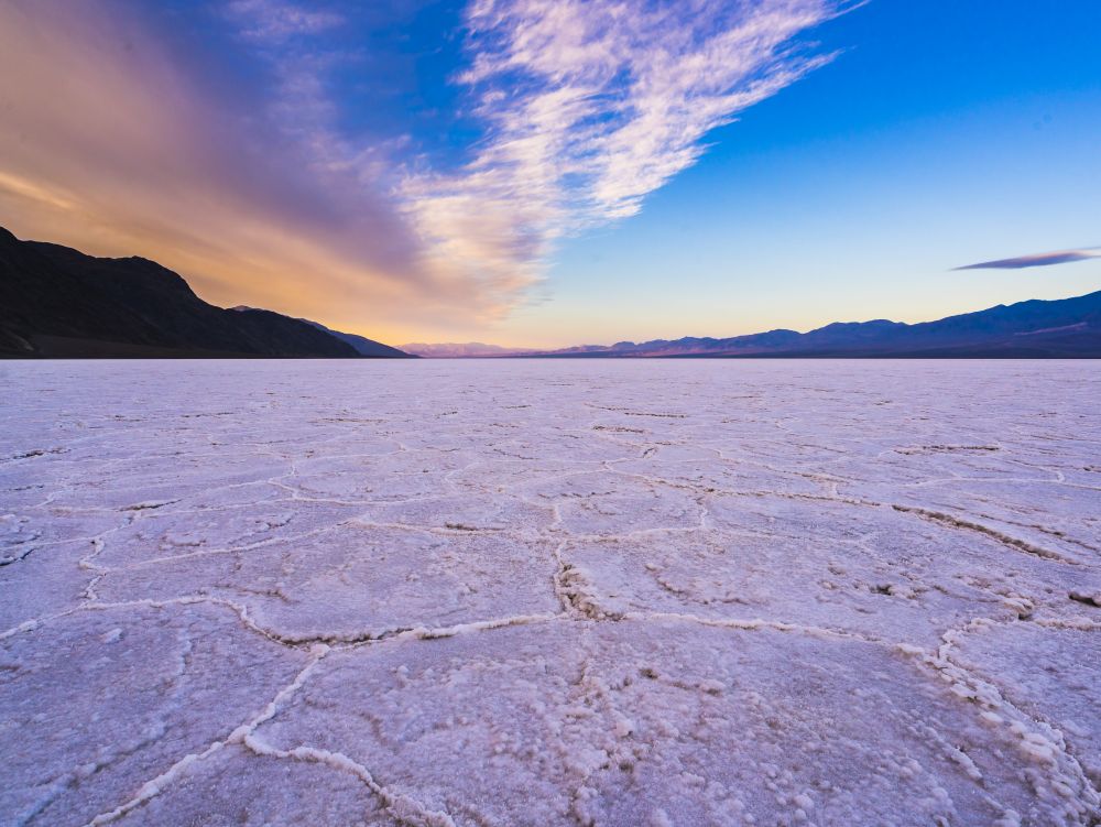 bad water basin landscape at sunset ,death valley national park,California,usa.