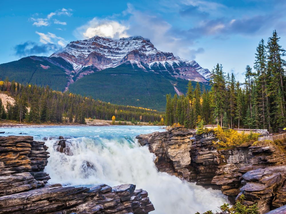 Pyramidal mountain and waterfall Athabasca