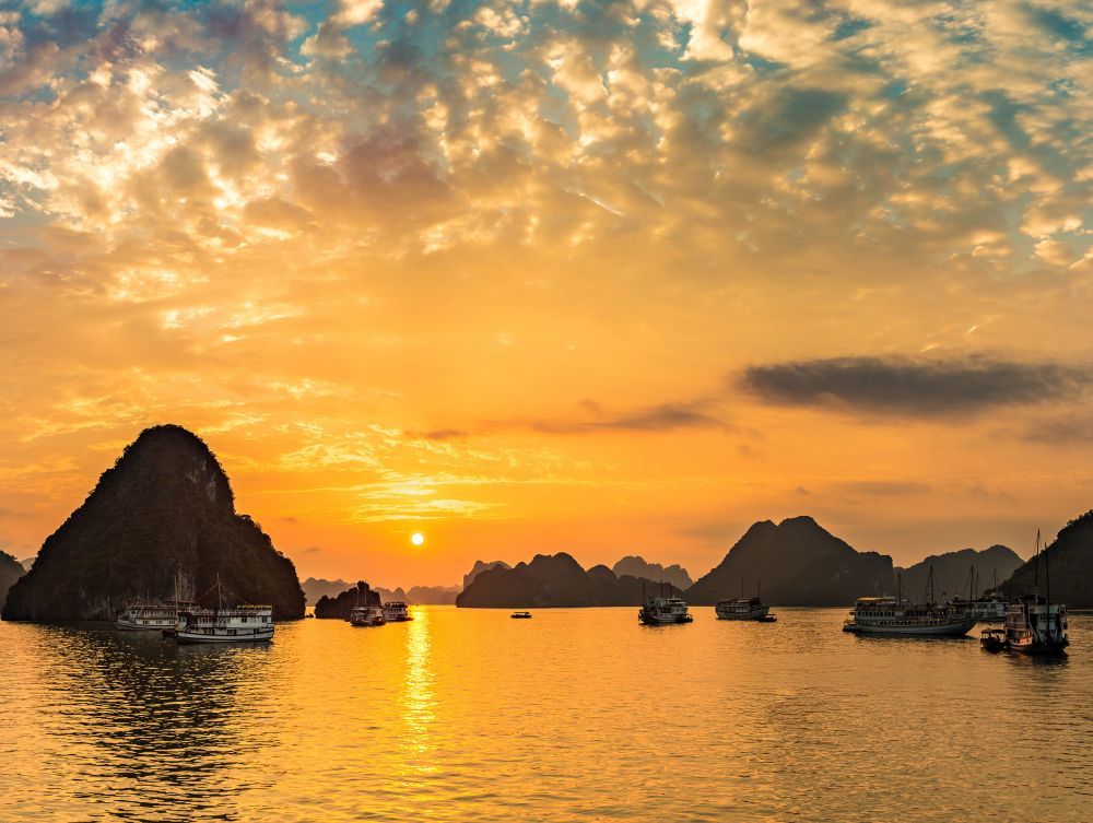 Panorama of Sunset in Halon bay, Vietnam in a summer day